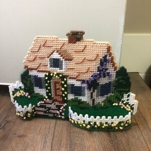 Handcrafted Needlepoint Doorstop - Vintage Cottage Floral Picket Fence Design